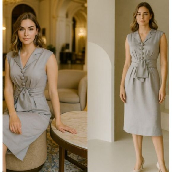 Nanette Lepore Womans Silver Linen Midi Dress 2 Quiet Luxury Minimalist Boho Chi - Picture 2 of 14